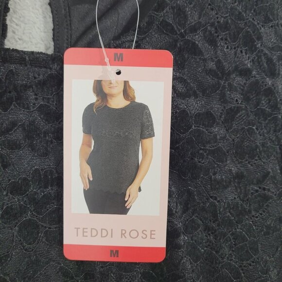 NEW Black Lace Floral Short Sleeve By Teddi Rose Scalloped Hem Keyhole M// 25CT - Picture 7 of 9
